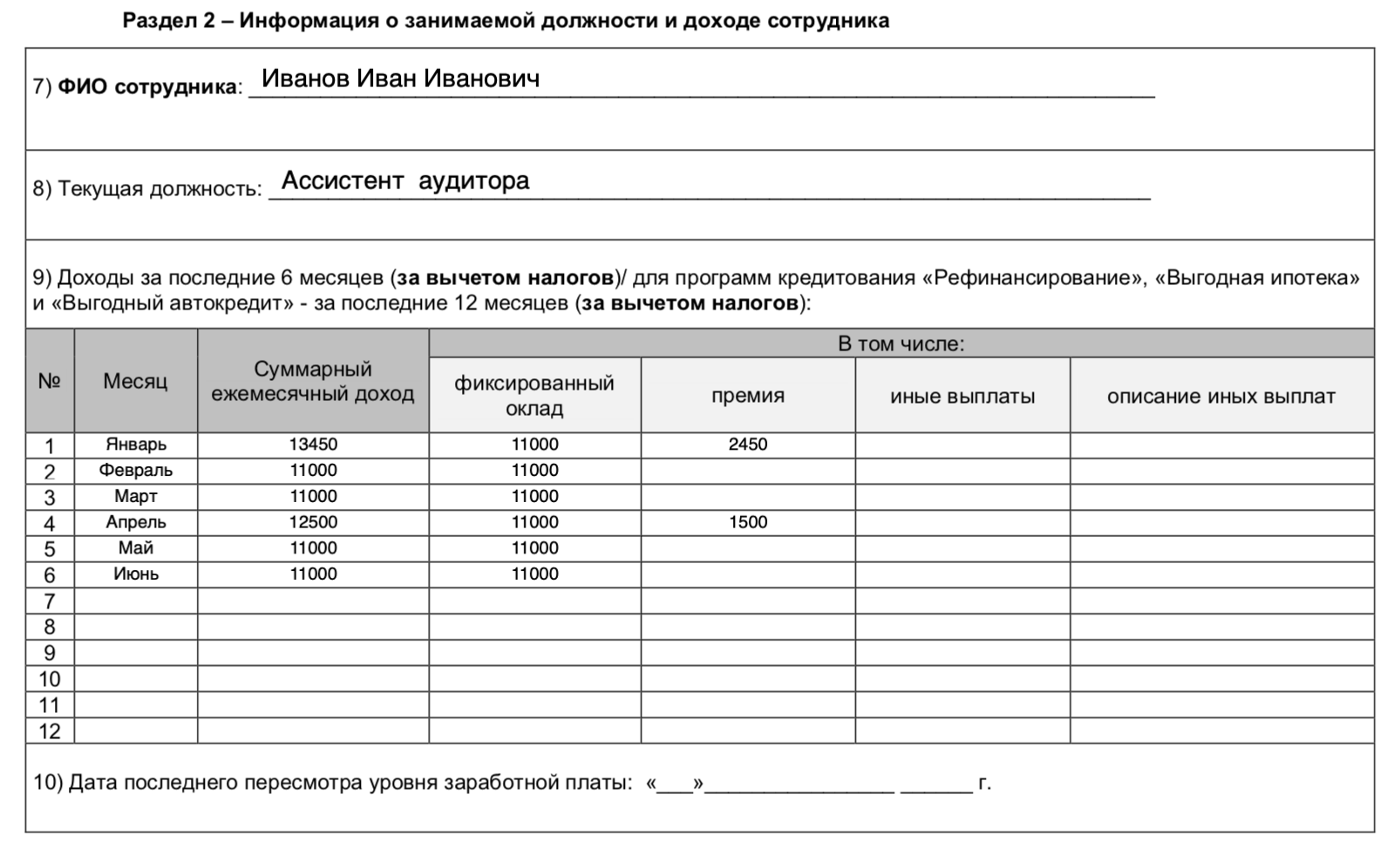 Образец заполнения сведений о доходах